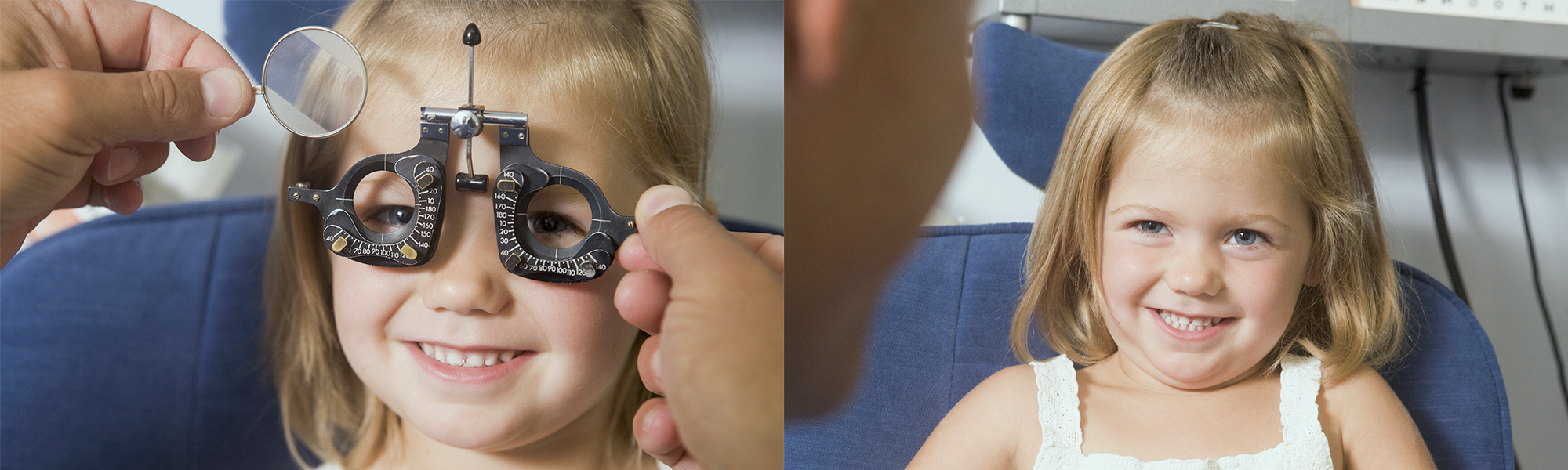Una noia jove seu en una cadira d'examen ocular, somrient mentre un optometrista utilitza una muntura de lent de prova per comprovar la seva visió a la imatge esquerra; a la imatge de la dreta, somriu mentre està asseguda a la cadira.