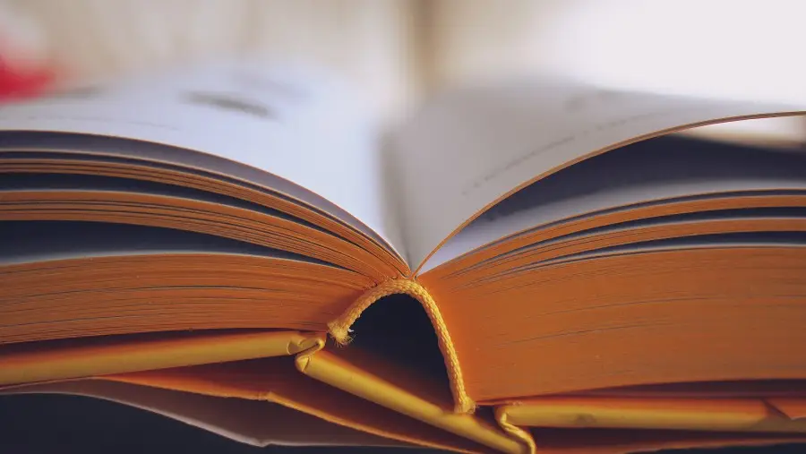 Vista de primer pla d'un llibre obert amb pàgines amb vores grogues, que mostra el llom i un text lleugerament borrós, cosa que suggereix llegir o estudiar amb una llum suau; perfecte per a aquells que utilitzen llenties progressives o compren llenties en línia.